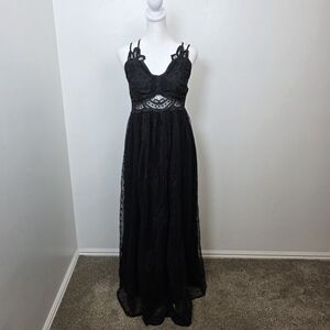 LIMELUSH Black Lace Embroidered Mesh Dark Romantic‎ Maxi Whimsygoth Dress Size S